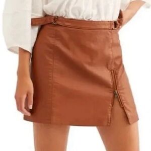 Free People Cognac Faux Leather Mini Skirt with Side Zip